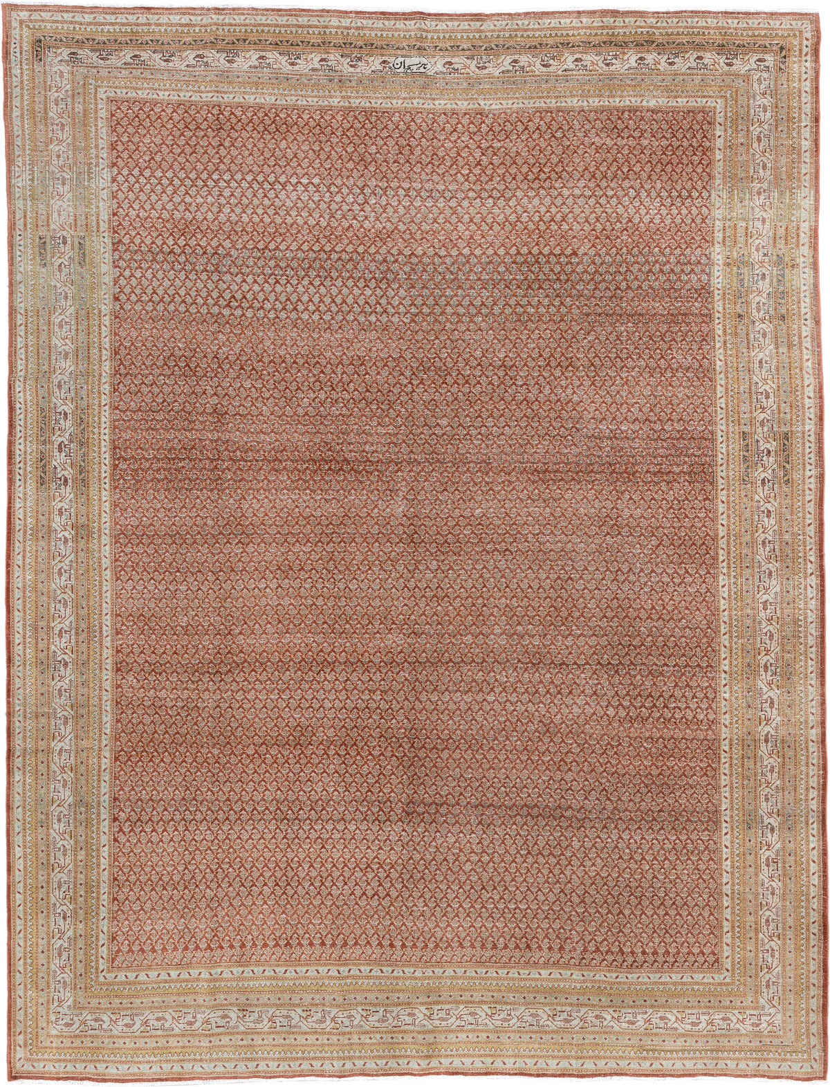 8' x 11' one-of-a-kind handmade antique Mir large size rug. Color palette: terracotta, ivory, rust, sage, pale blue gray