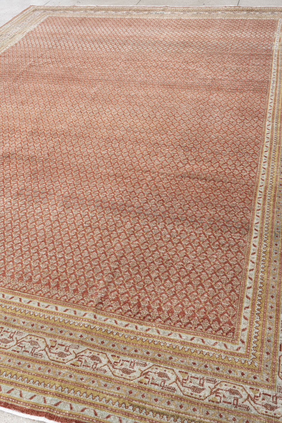 8' x 11' one-of-a-kind handmade antique Mir large size rug. Color palette: terracotta, ivory, rust, sage, pale blue gray