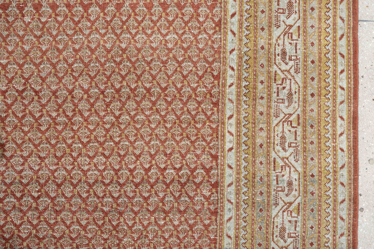 8' x 11' one-of-a-kind handmade antique Mir large size rug. Color palette: terracotta, ivory, rust, sage, pale blue gray