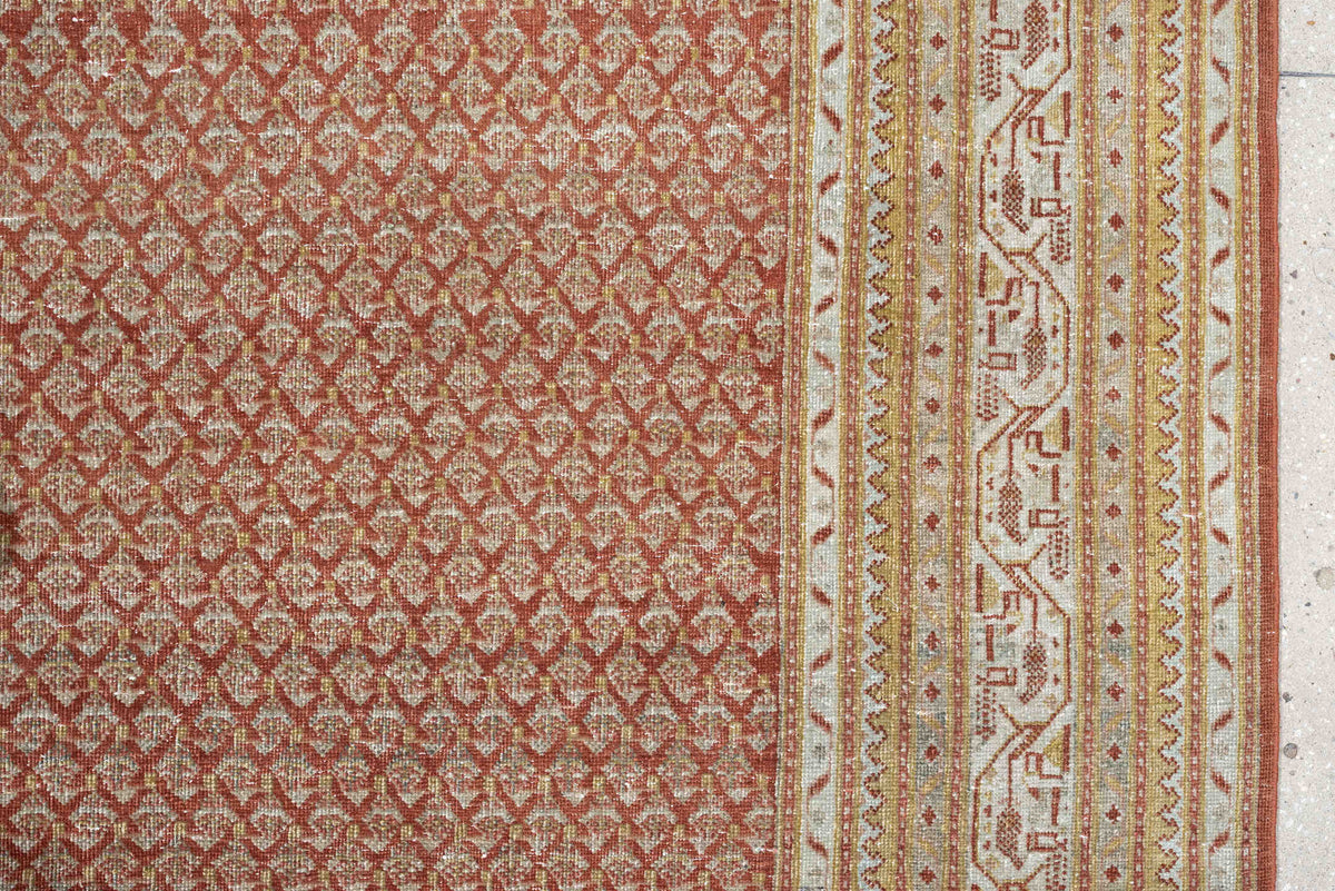 8' x 11' one-of-a-kind handmade antique Mir large size rug. Color palette: terracotta, ivory, rust, sage, pale blue gray