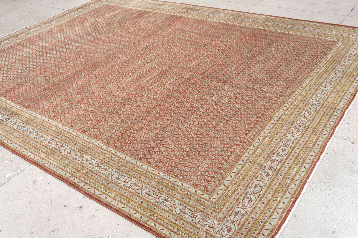 8' x 11' one-of-a-kind handmade antique Mir large size rug. Color palette: terracotta, ivory, rust, sage, pale blue gray