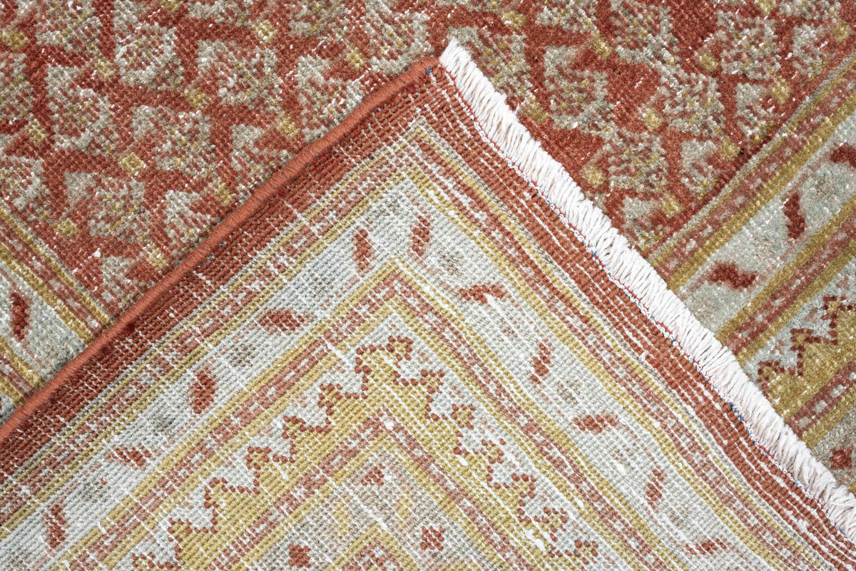 8' x 11' one-of-a-kind handmade antique Mir large size rug. Color palette: terracotta, ivory, rust, sage, pale blue gray