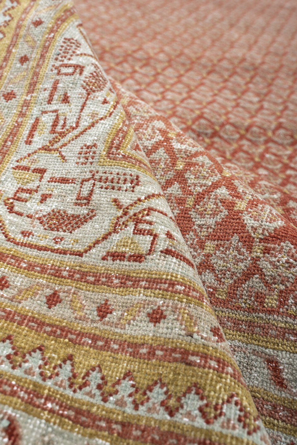 8' x 11' one-of-a-kind handmade antique Mir large size rug. Color palette: terracotta, ivory, rust, sage, pale blue gray