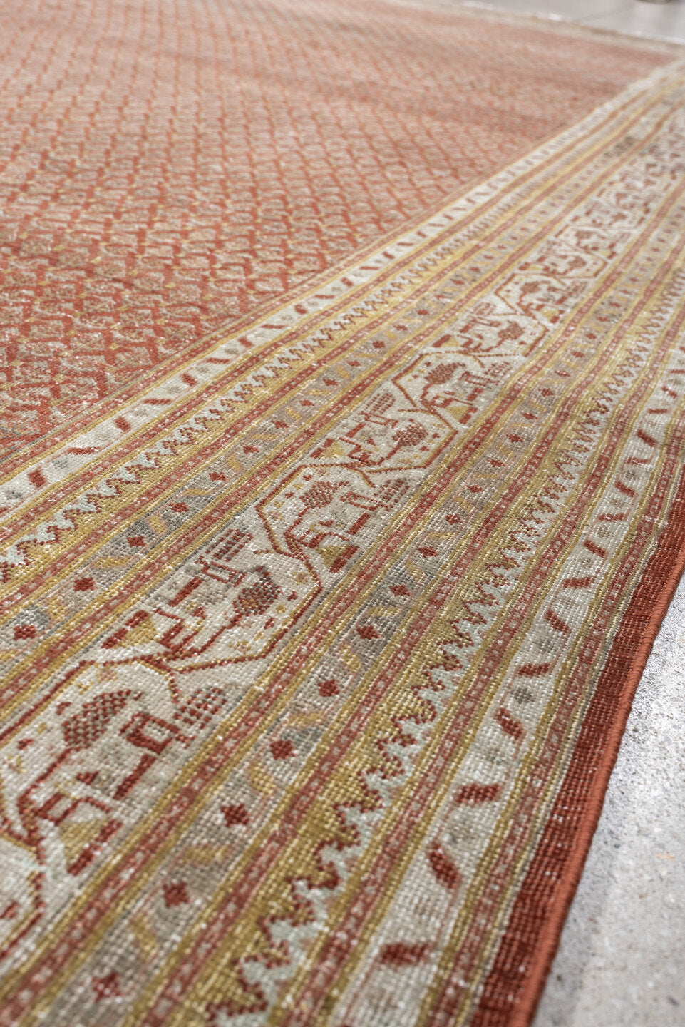 8' x 11' one-of-a-kind handmade antique Mir large size rug. Color palette: terracotta, ivory, rust, sage, pale blue gray