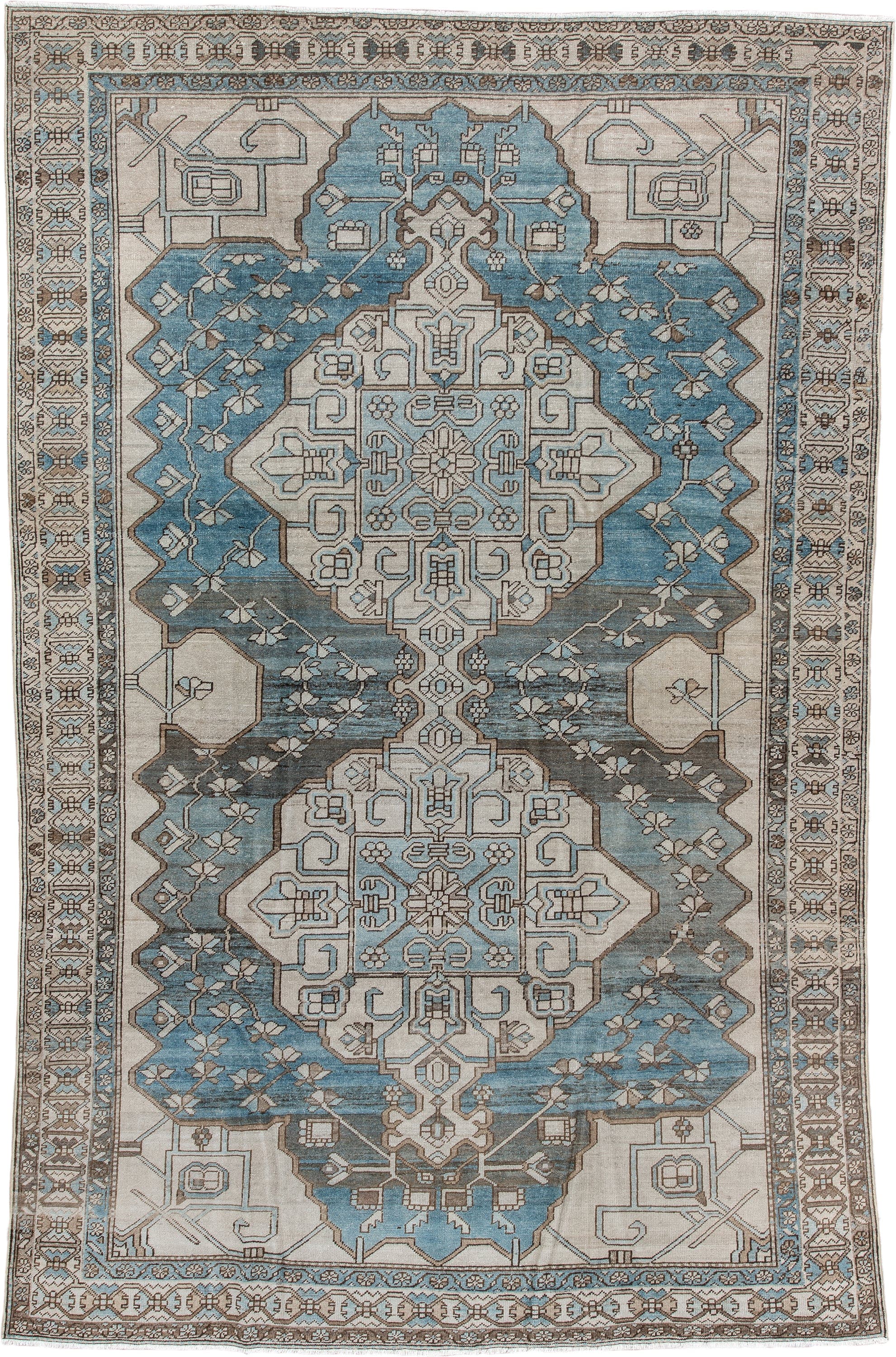 6' x 10' one-of-a-kind handmade antique Ardebil large size rug. Color palette: ivory, pale blue, taupe, brown, charcoal
