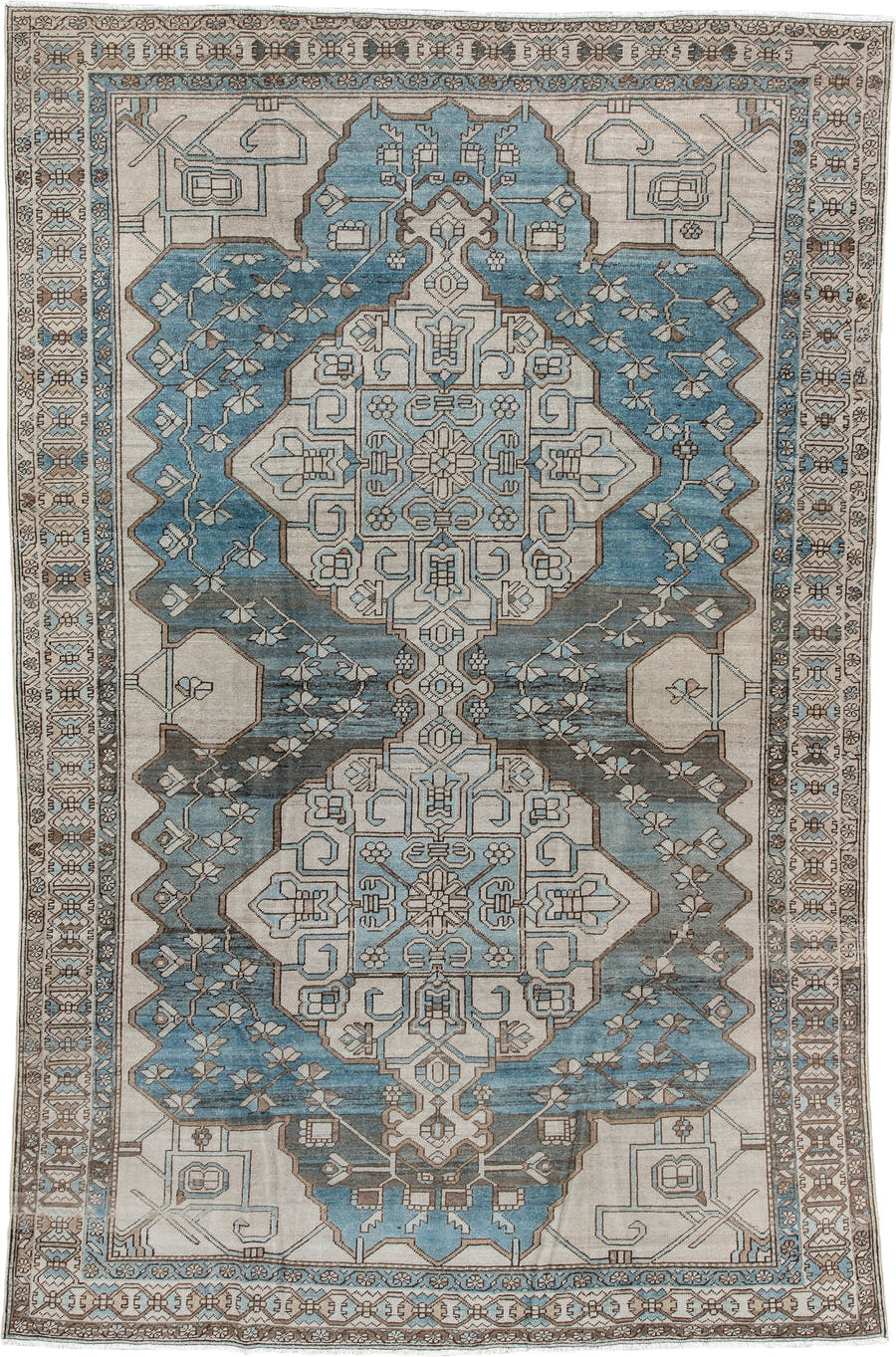 6' x 10' one-of-a-kind handmade antique Ardebil large size rug. Color palette: ivory, pale blue, taupe, brown, charcoal