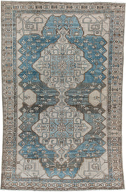 6' x 10' one-of-a-kind handmade antique Ardebil large size rug. Color palette: ivory, pale blue, taupe, brown, charcoal