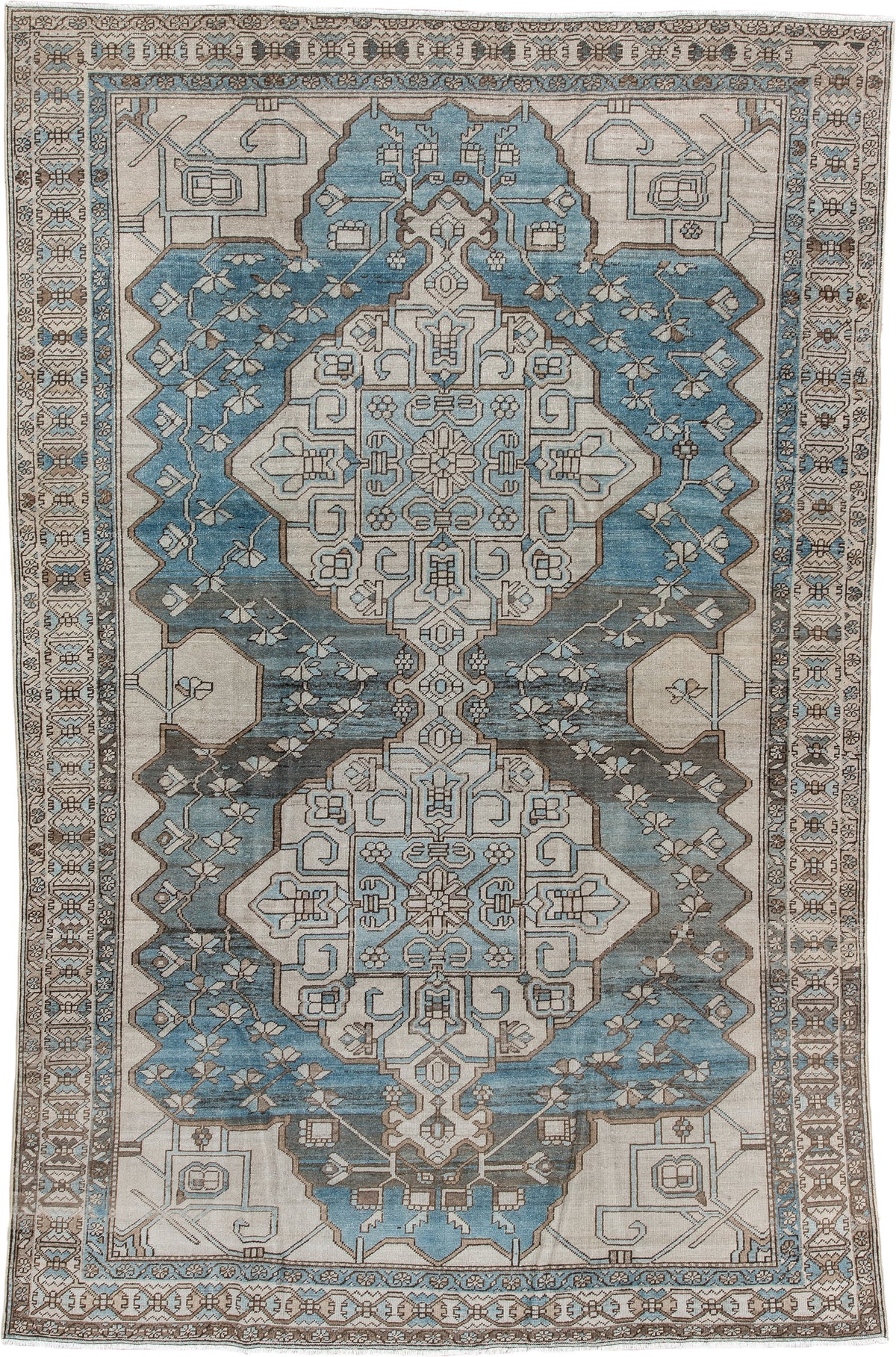 6' x 10' one-of-a-kind handmade antique Ardebil large size rug. Color palette: ivory, pale blue, taupe, brown, charcoal