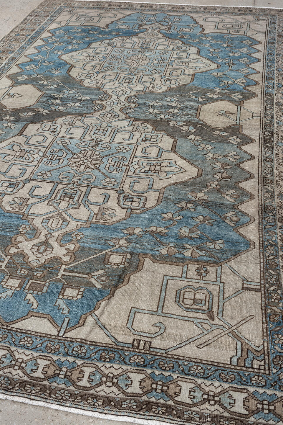 6' x 10' one-of-a-kind handmade antique Ardebil large size rug. Color palette: ivory, pale blue, taupe, brown, charcoal