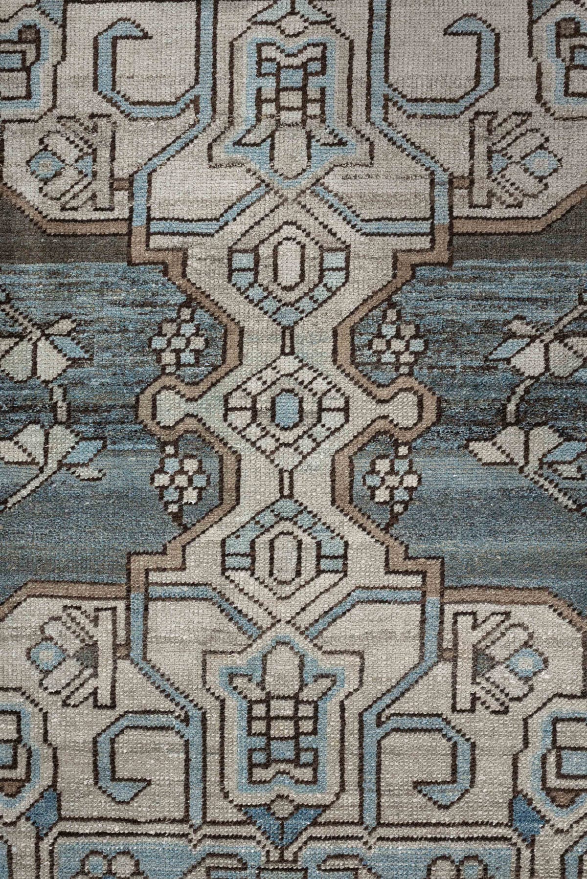 6' x 10' one-of-a-kind handmade antique Ardebil large size rug. Color palette: ivory, pale blue, taupe, brown, charcoal