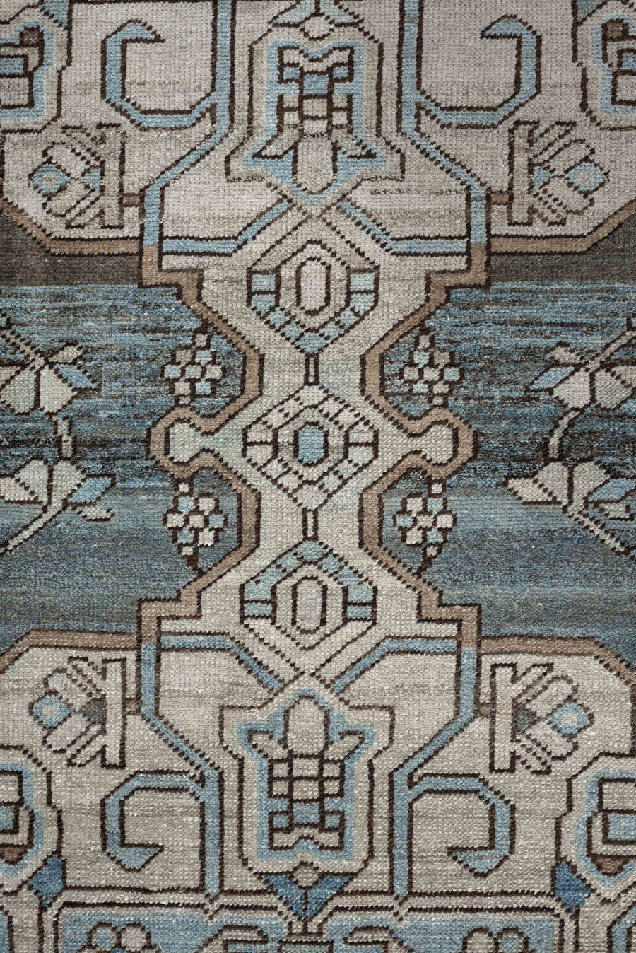 6' x 10' one-of-a-kind handmade antique Ardebil large size rug. Color palette: ivory, pale blue, taupe, brown, charcoal