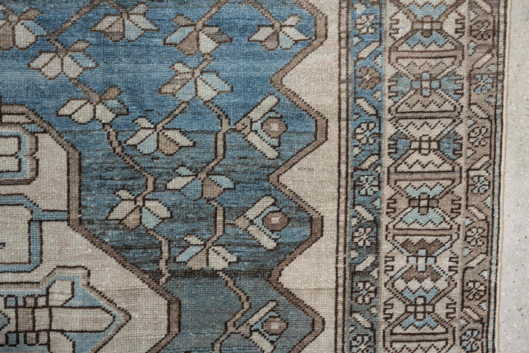 6' x 10' one-of-a-kind handmade antique Ardebil large size rug. Color palette: ivory, pale blue, taupe, brown, charcoal