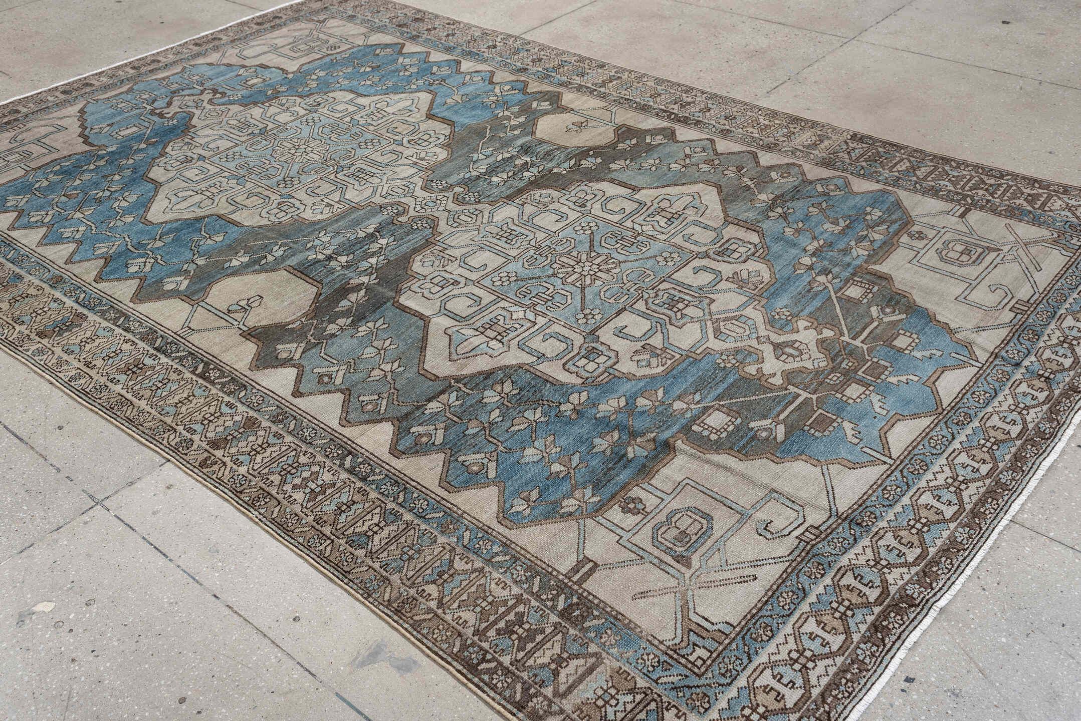 6' x 10' one-of-a-kind handmade antique Ardebil large size rug. Color palette: ivory, pale blue, taupe, brown, charcoal