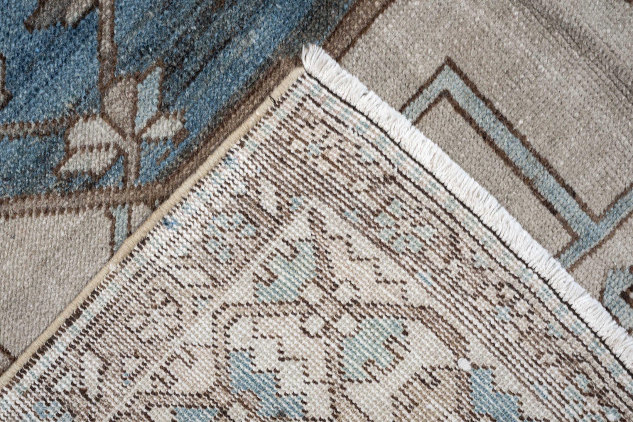 6' x 10' one-of-a-kind handmade antique Ardebil large size rug. Color palette: ivory, pale blue, taupe, brown, charcoal