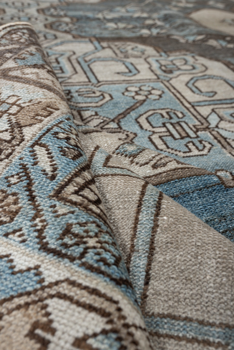 6' x 10' one-of-a-kind handmade antique Ardebil large size rug. Color palette: ivory, pale blue, taupe, brown, charcoal