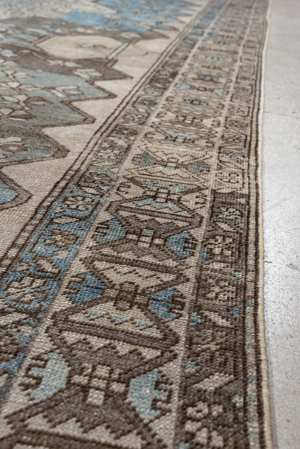 6' x 10' one-of-a-kind handmade antique Ardebil large size rug. Color palette: ivory, pale blue, taupe, brown, charcoal