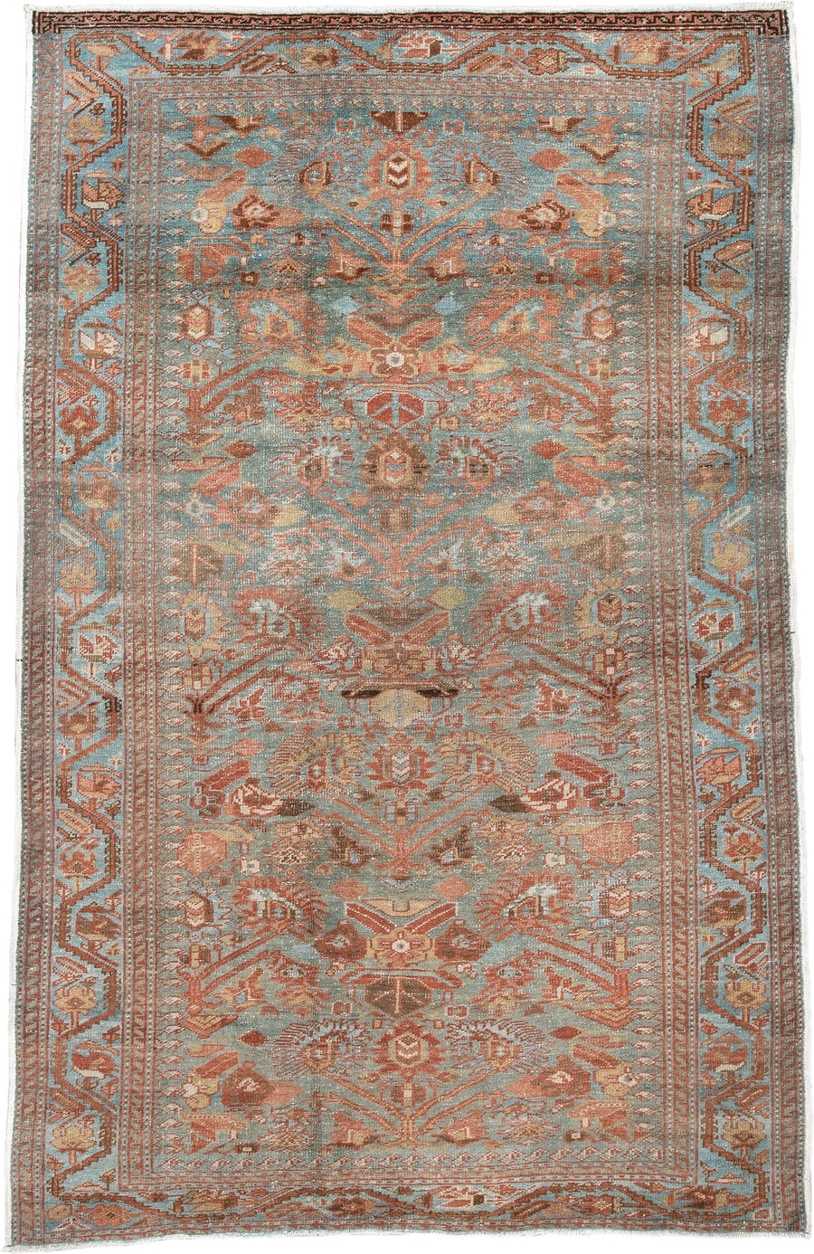 4' x 6' one-of-a-kind handmade antique Farahan small size rug. Color palette: light blue, rust, camel, brown, ivory, taupe