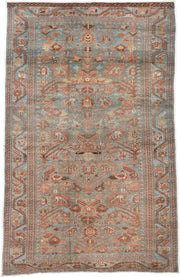 4' x 6' one-of-a-kind handmade antique Farahan small size rug. Color palette: light blue, rust, camel, brown, ivory, taupe