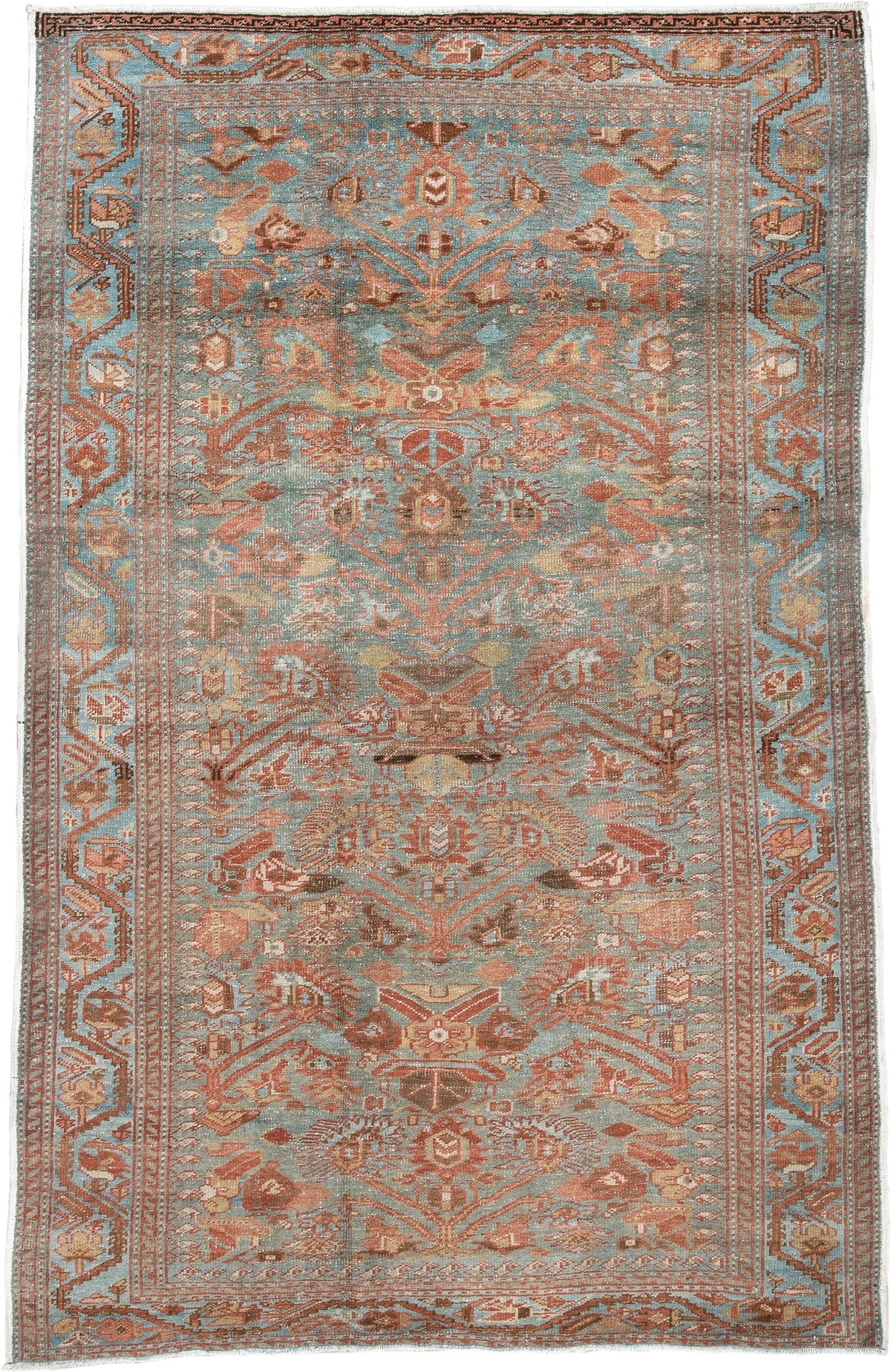 4' x 6' one-of-a-kind handmade antique Farahan small size rug. Color palette: light blue, rust, camel, brown, ivory, taupe