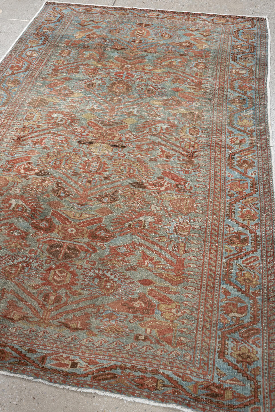 4' x 6' one-of-a-kind handmade antique Farahan small size rug. Color palette: light blue, rust, camel, brown, ivory, taupe