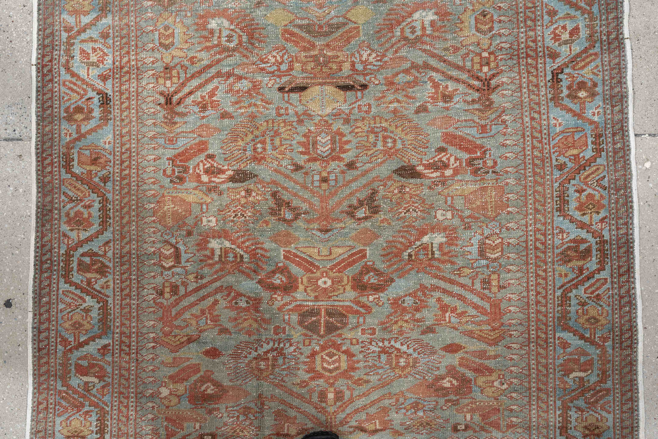 4' x 6' one-of-a-kind handmade antique Farahan small size rug. Color palette: light blue, rust, camel, brown, ivory, taupe