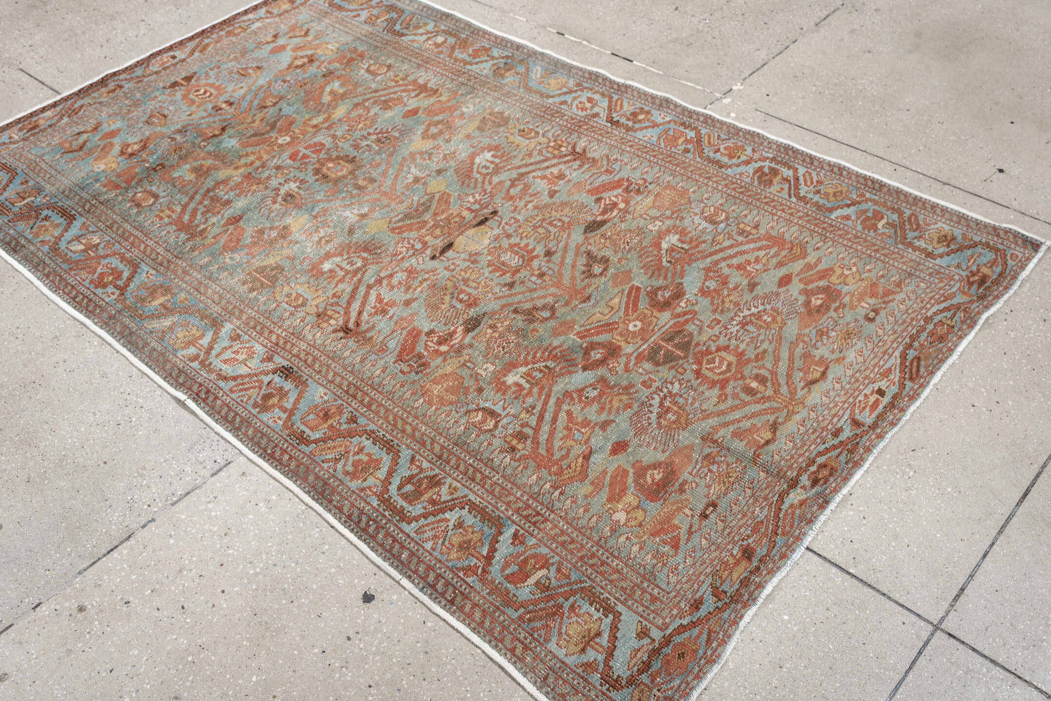 4' x 6' one-of-a-kind handmade antique Farahan small size rug. Color palette: light blue, rust, camel, brown, ivory, taupe