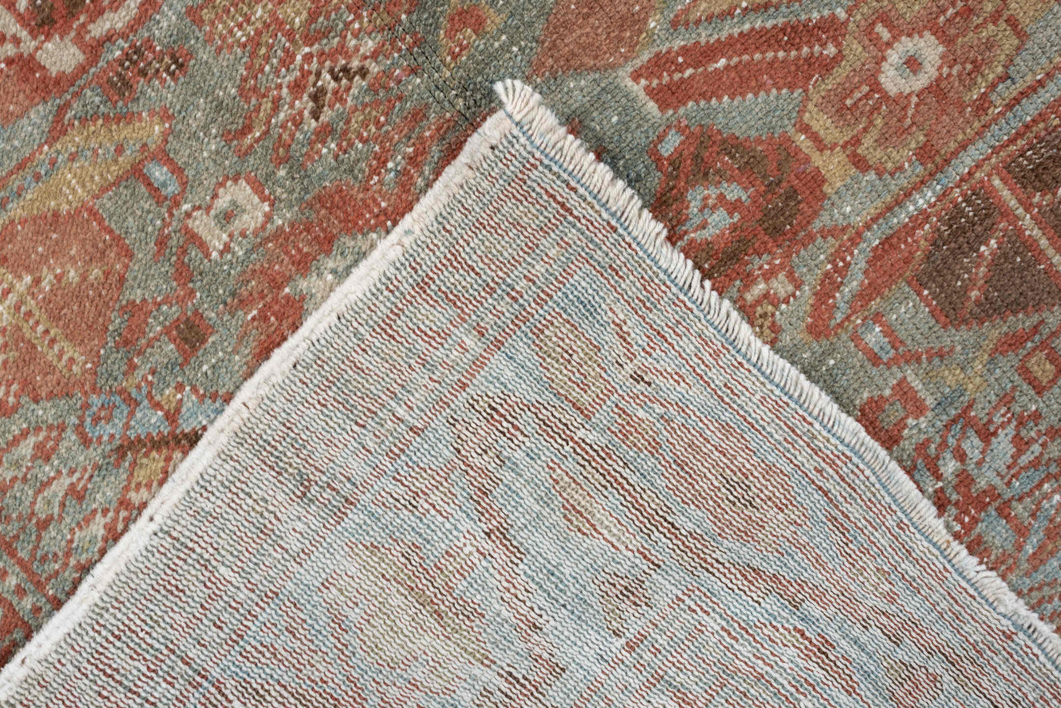 4' x 6' one-of-a-kind handmade antique Farahan small size rug. Color palette: light blue, rust, camel, brown, ivory, taupe