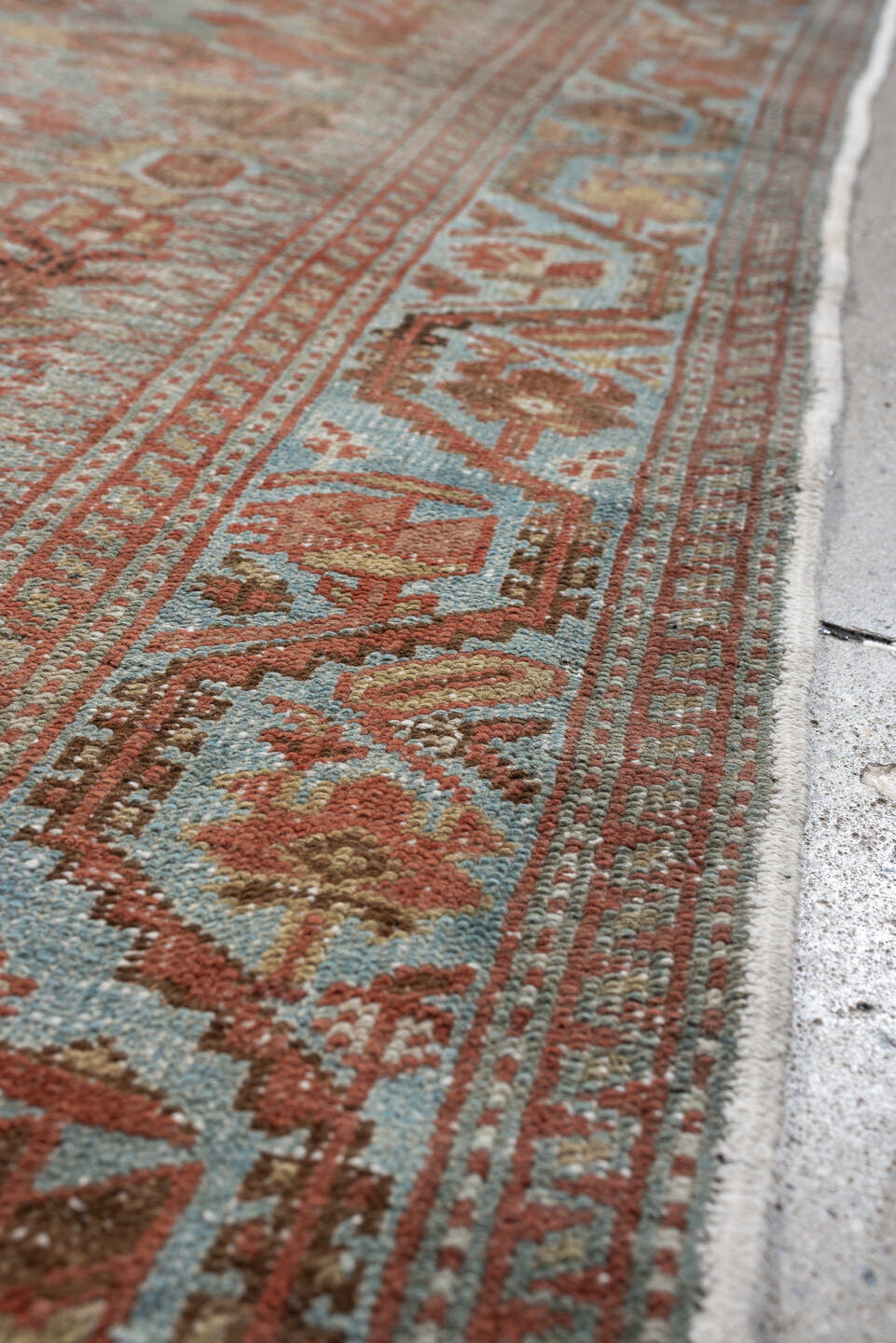 4' x 6' one-of-a-kind handmade antique Farahan small size rug. Color palette: light blue, rust, camel, brown, ivory, taupe
