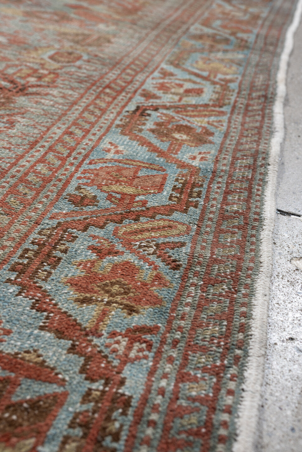 4' x 6' one-of-a-kind handmade antique Farahan small size rug. Color palette: light blue, rust, camel, brown, ivory, taupe
