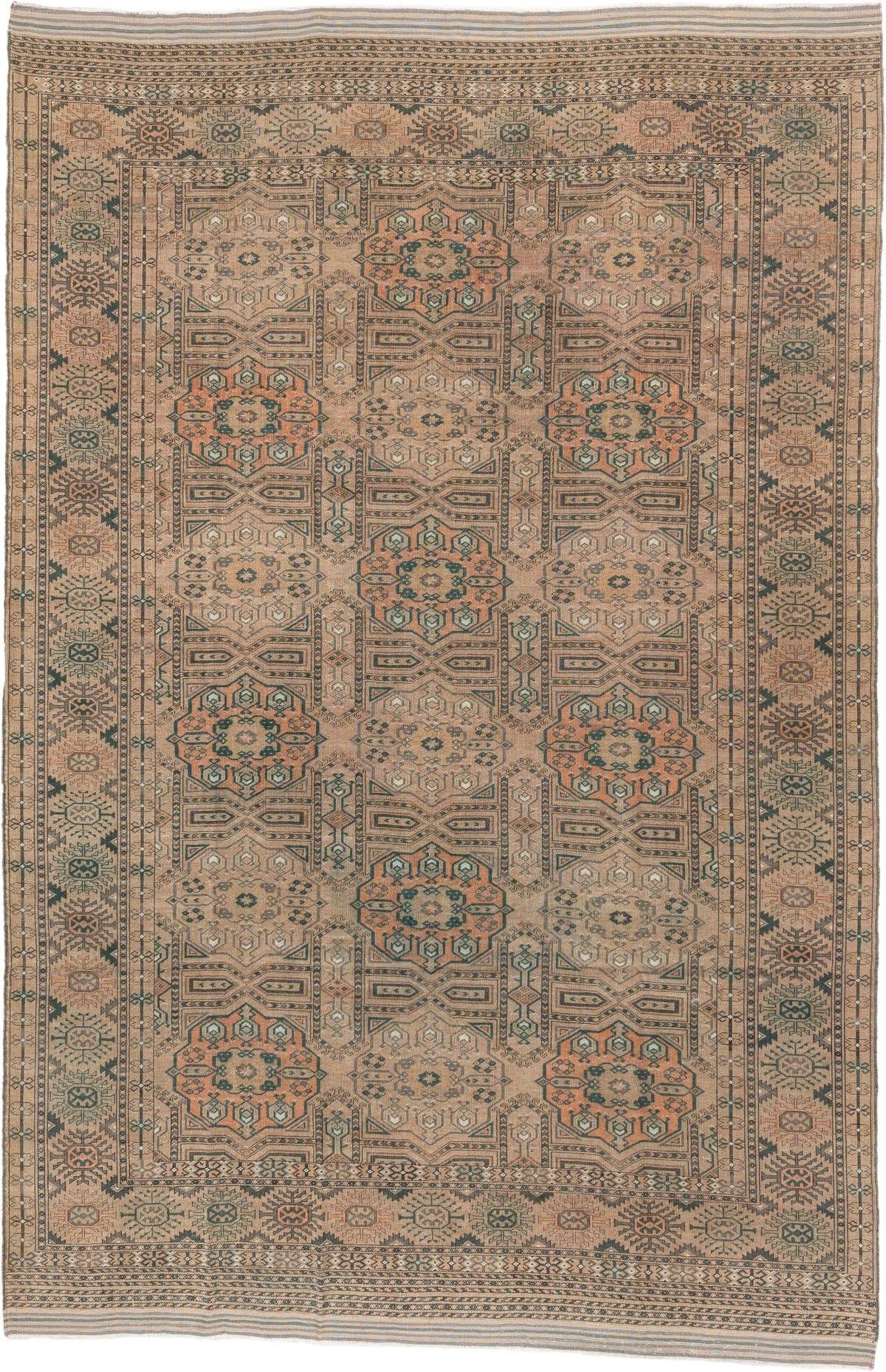 7' x 10' one-of-a-kind handmade antique Yamoud large size rug. Color palette: camel, taupe, terracotta, dusty teal, ivory