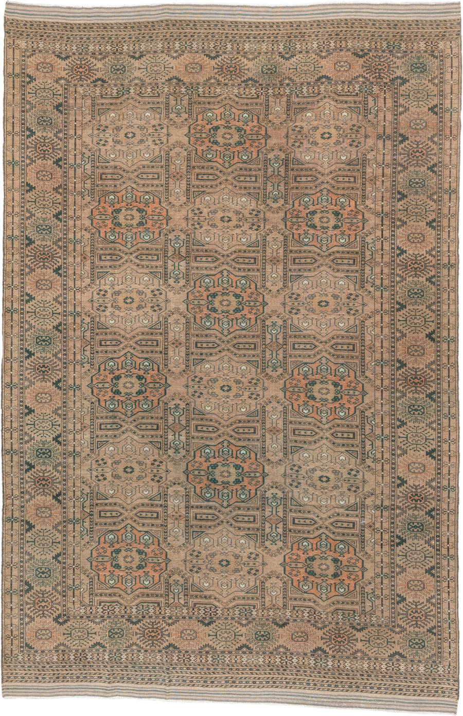7' x 10' one-of-a-kind handmade antique Yamoud large size rug. Color palette: camel, taupe, terracotta, dusty teal, ivory