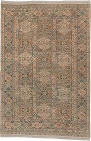 7' x 10' one-of-a-kind handmade antique Yamoud large size rug. Color palette: camel, taupe, terracotta, dusty teal, ivory