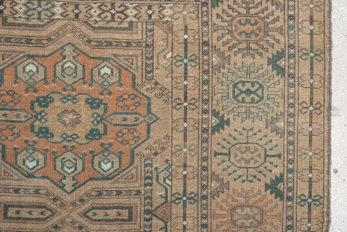 7' x 10' one-of-a-kind handmade antique Yamoud large size rug. Color palette: camel, taupe, terracotta, dusty teal, ivory