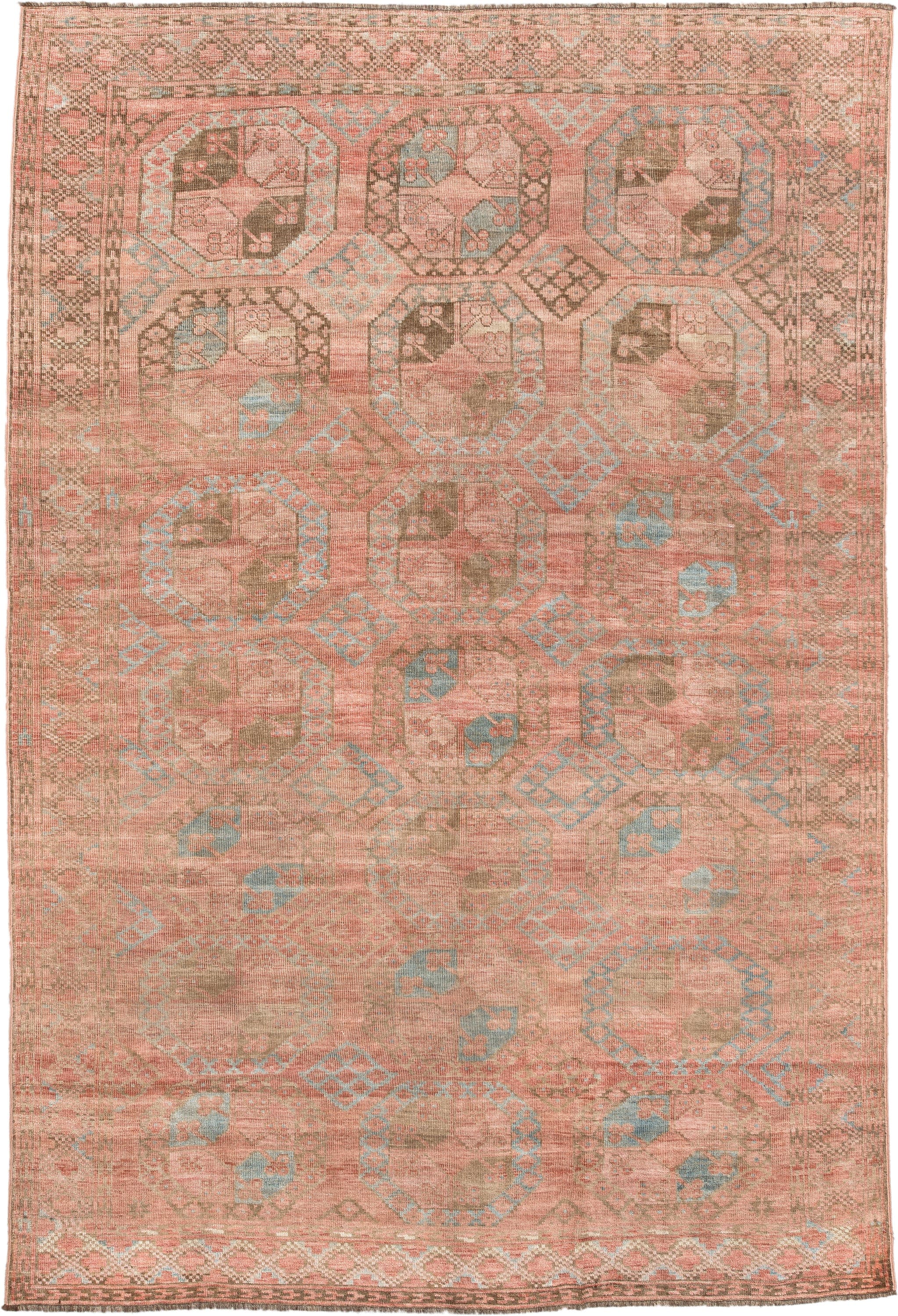 6' x 9' one-of-a-kind handmade antique Afghan large size rug. Color palette: coral, camel, pale blue, taupe, ivory, rose