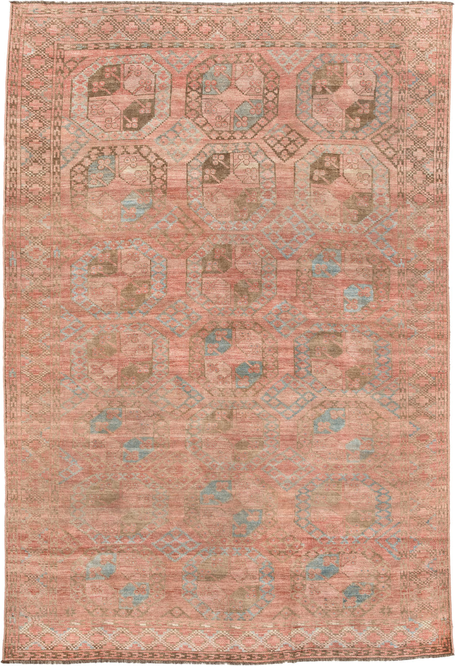 6' x 9' one-of-a-kind handmade antique Afghan large size rug. Color palette: coral, camel, pale blue, taupe, ivory, rose