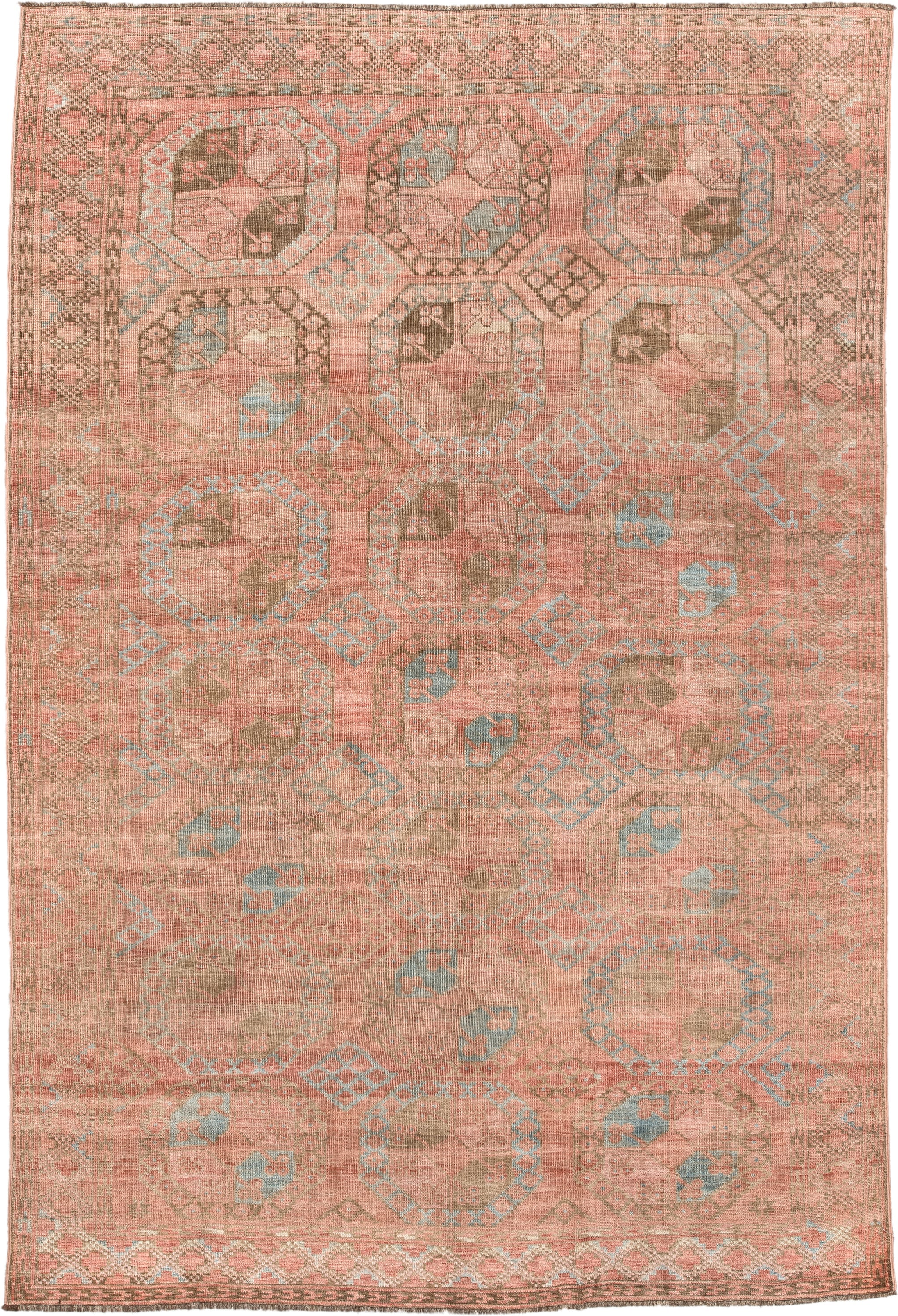 6' x 9' one-of-a-kind handmade antique Afghan large size rug. Color palette: coral, camel, pale blue, taupe, ivory, rose