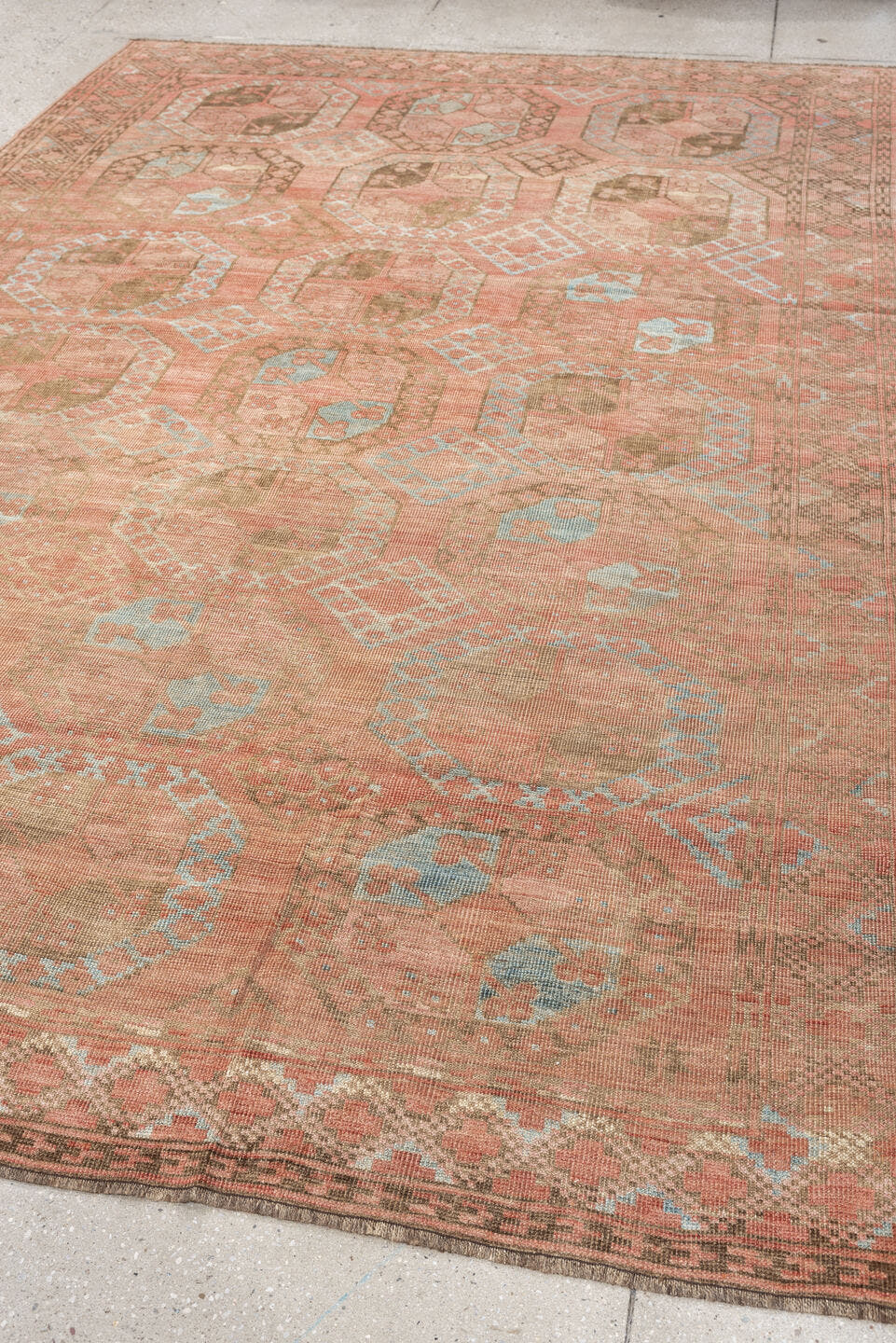 6' x 9' one-of-a-kind handmade antique Afghan large size rug. Color palette: coral, camel, pale blue, taupe, ivory, rose