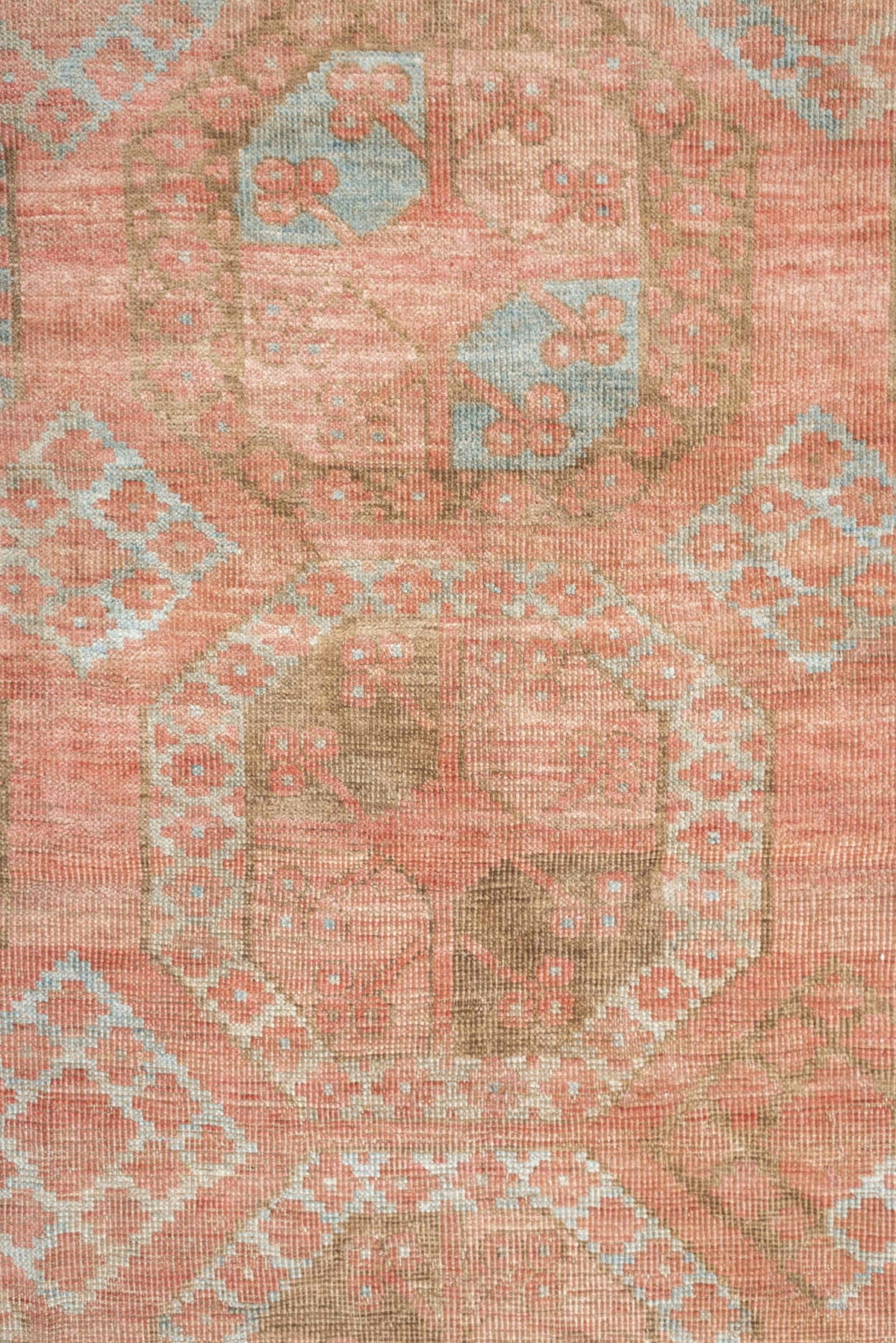 6' x 9' one-of-a-kind handmade antique Afghan large size rug. Color palette: coral, camel, pale blue, taupe, ivory, rose