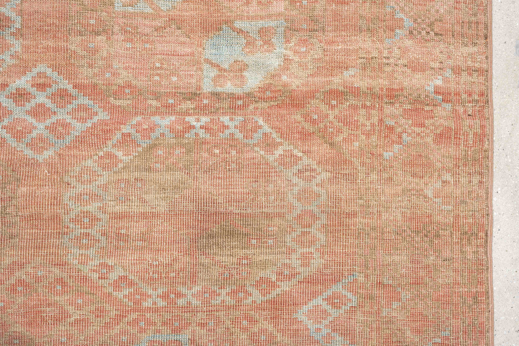 6' x 9' one-of-a-kind handmade antique Afghan large size rug. Color palette: coral, camel, pale blue, taupe, ivory, rose