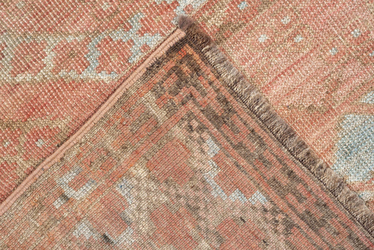 6' x 9' one-of-a-kind handmade antique Afghan large size rug. Color palette: coral, camel, pale blue, taupe, ivory, rose