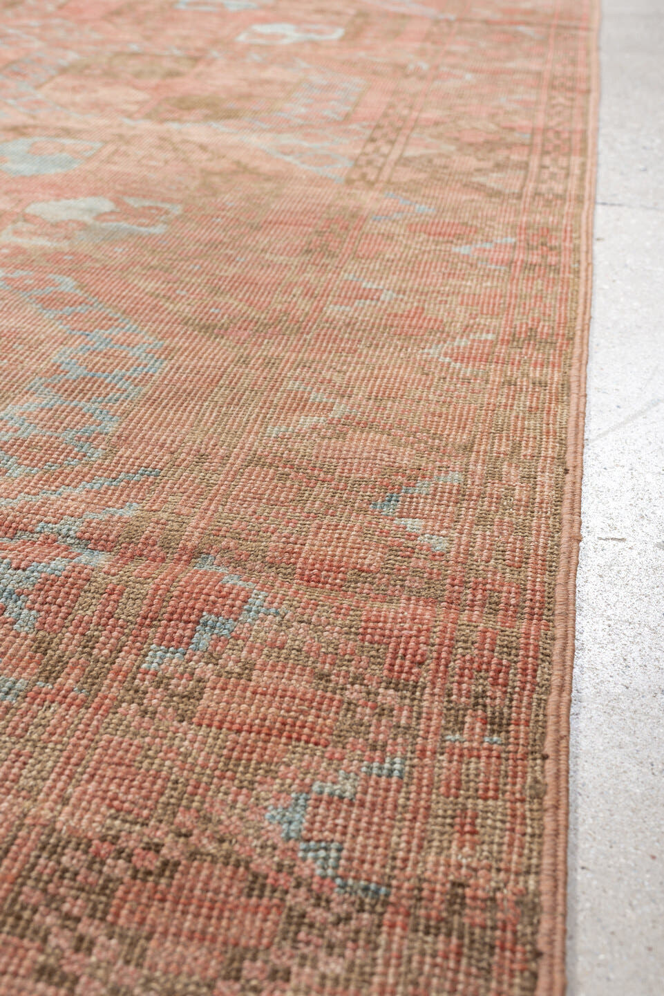 6' x 9' one-of-a-kind handmade antique Afghan large size rug. Color palette: coral, camel, pale blue, taupe, ivory, rose