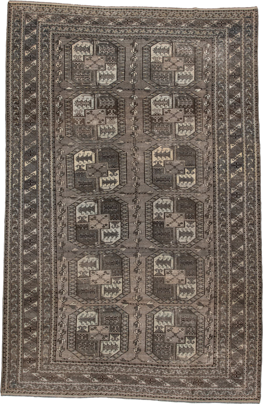 7' x 10' one-of-a-kind handmade antique Afghan large size rug. Color palette: taupe, brown, ivory, charcoal, slate, camel