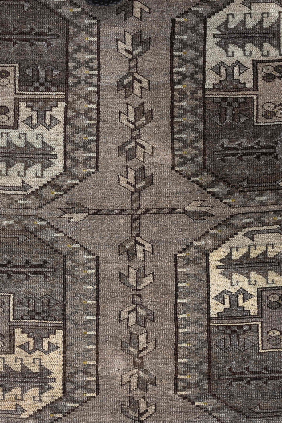 7' x 10' one-of-a-kind handmade antique Afghan large size rug. Color palette: taupe, brown, ivory, charcoal, slate, camel