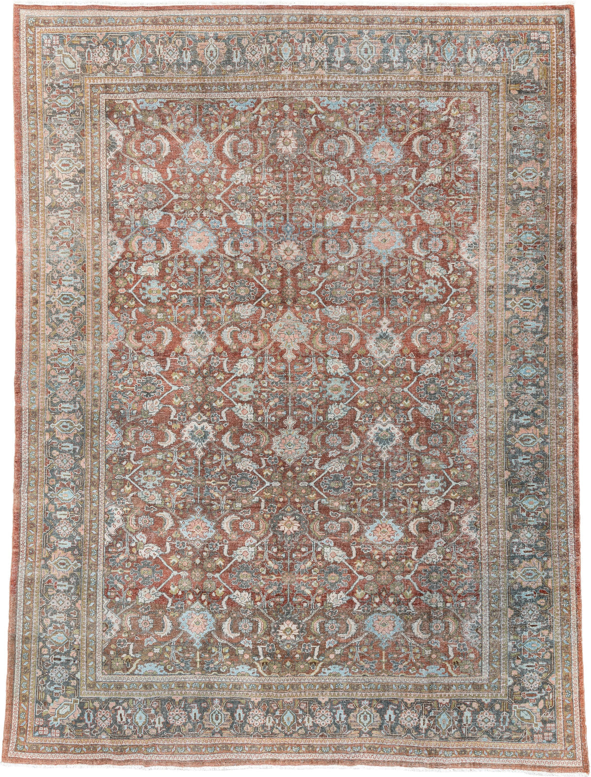 9' x 12' one-of-a-kind handmade antique Mahal large size rug. Color palette: rust, celadon, charcoal, ivory, sage