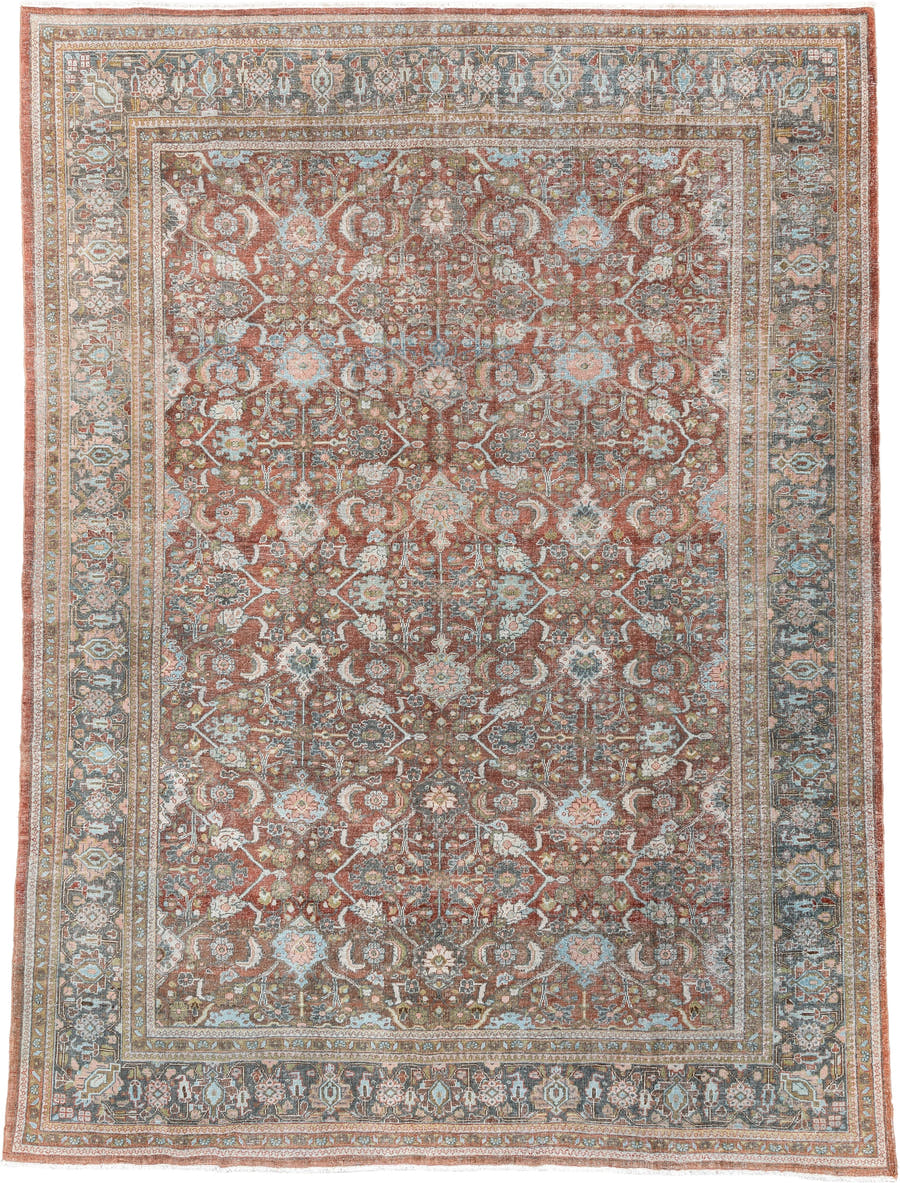 9' x 12' one-of-a-kind handmade antique Mahal large size rug. Color palette: rust, celadon, charcoal, ivory, sage