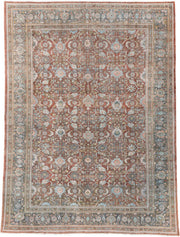 9' x 12' one-of-a-kind handmade antique Mahal large size rug. Color palette: rust, celadon, charcoal, ivory, sage