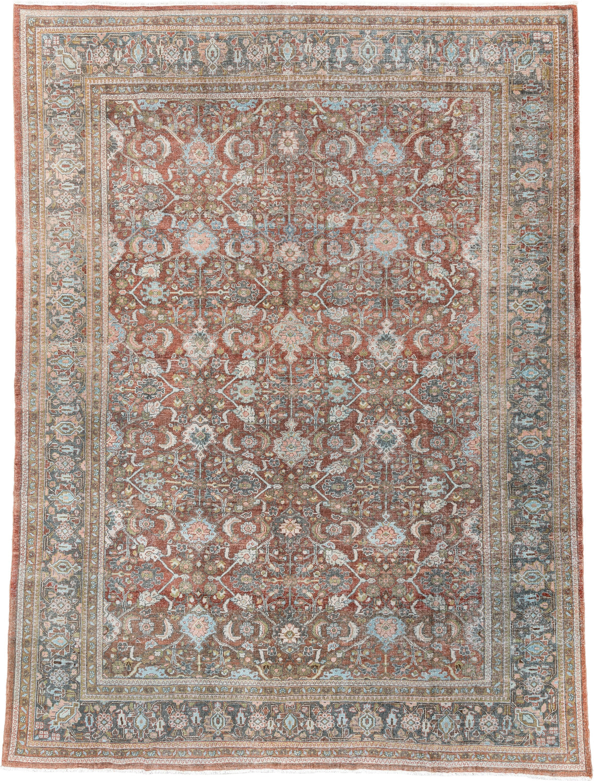 9' x 12' one-of-a-kind handmade antique Mahal large size rug. Color palette: rust, celadon, charcoal, ivory, sage