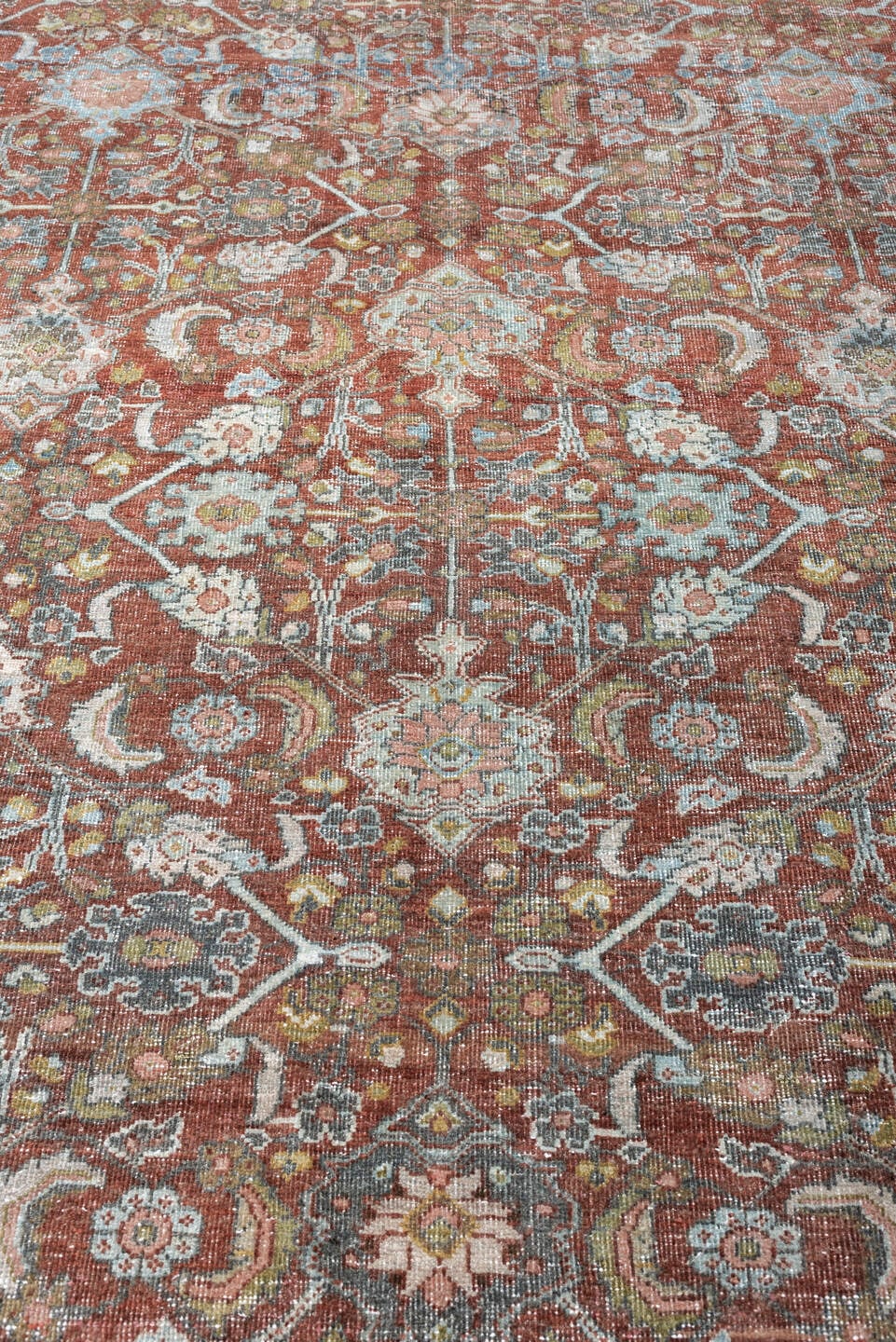 9' x 12' one-of-a-kind handmade antique Mahal large size rug. Color palette: rust, celadon, charcoal, ivory, sage