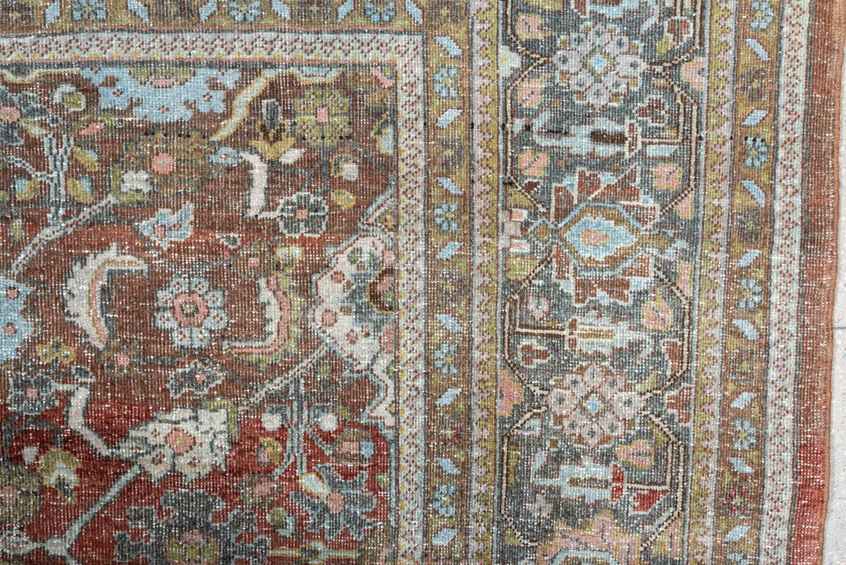9' x 12' one-of-a-kind handmade antique Mahal large size rug. Color palette: rust, celadon, charcoal, ivory, sage