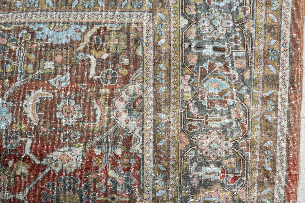 9' x 12' one-of-a-kind handmade antique Mahal large size rug. Color palette: rust, celadon, charcoal, ivory, sage